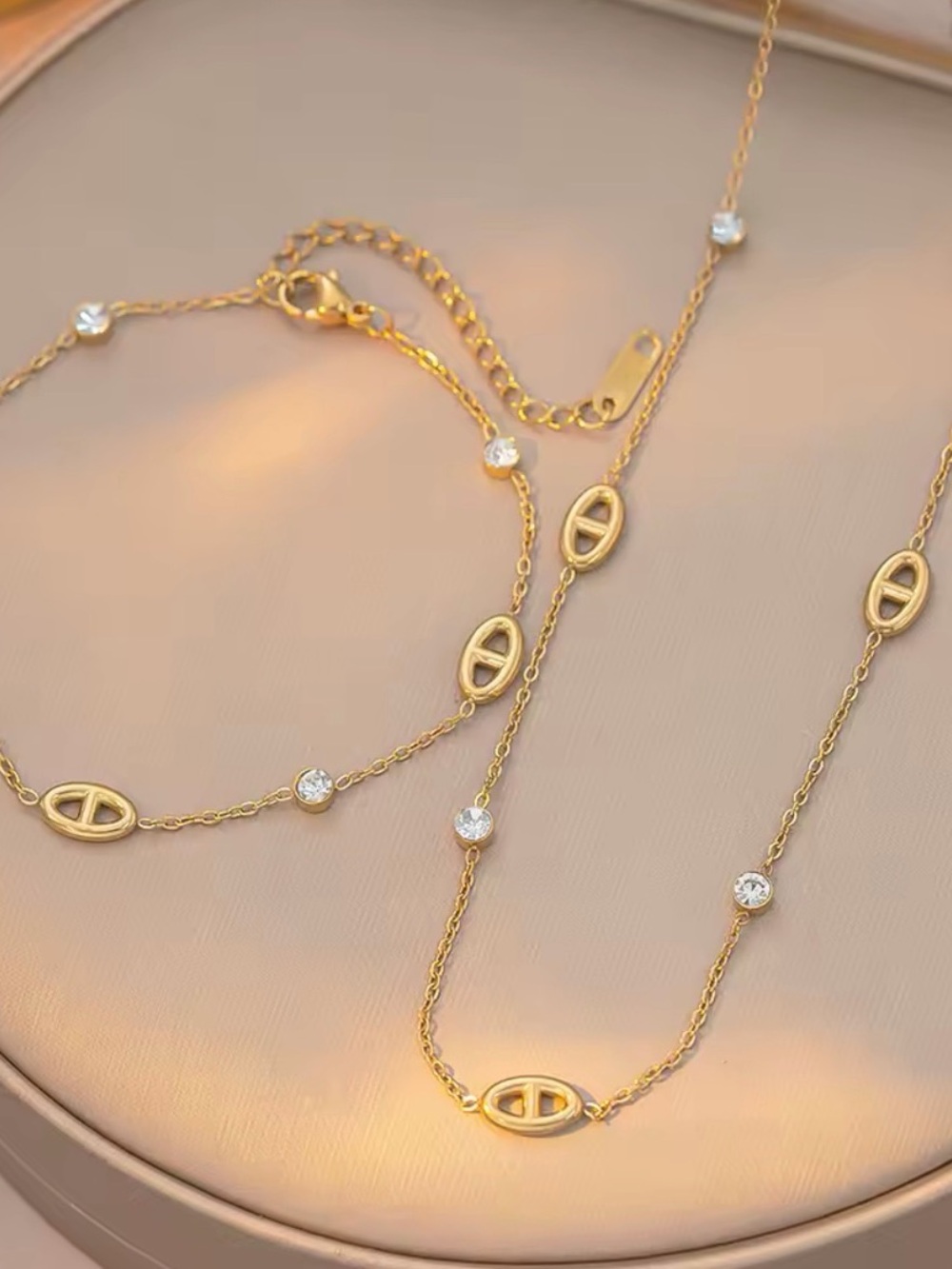 Gold Plated Oval Link Necklace and Bracelet Set with Crystal Accents